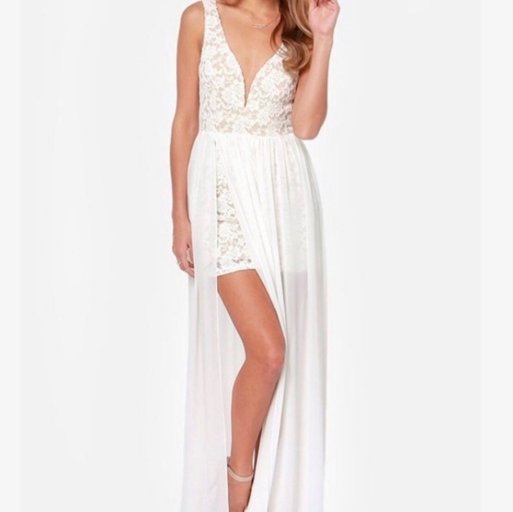 Lulu's lace white beige maxi dress